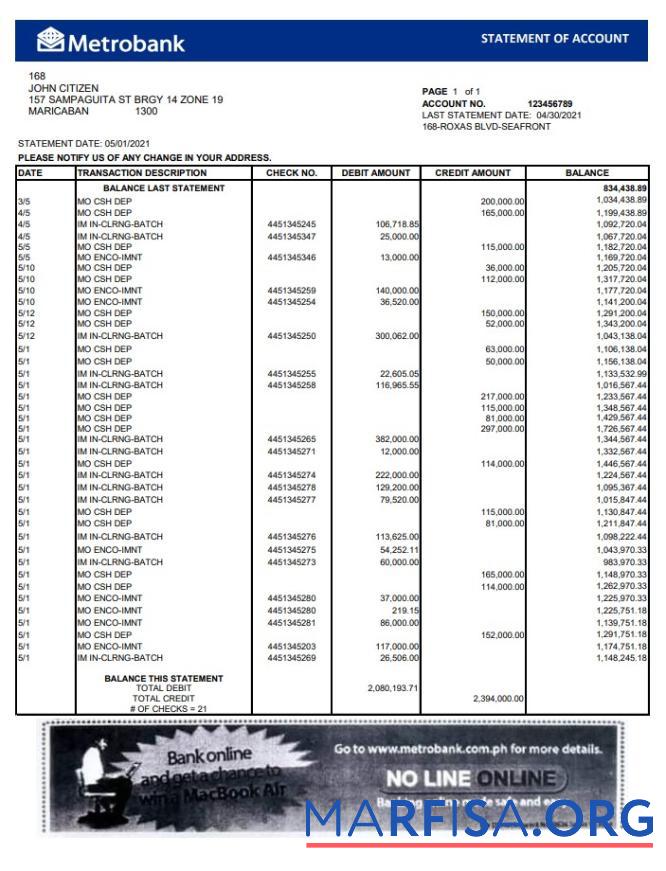 Realistic United Kingdom Metrobank bank statement excel sample